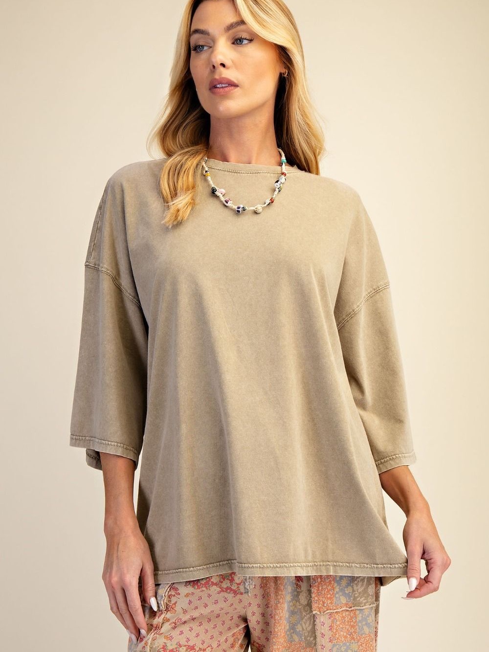 942 EASEL NWT WASHED COTTON JERSEY LOOSE FIT TOP OVERSIZED SML NUDE SAND OLIVE
